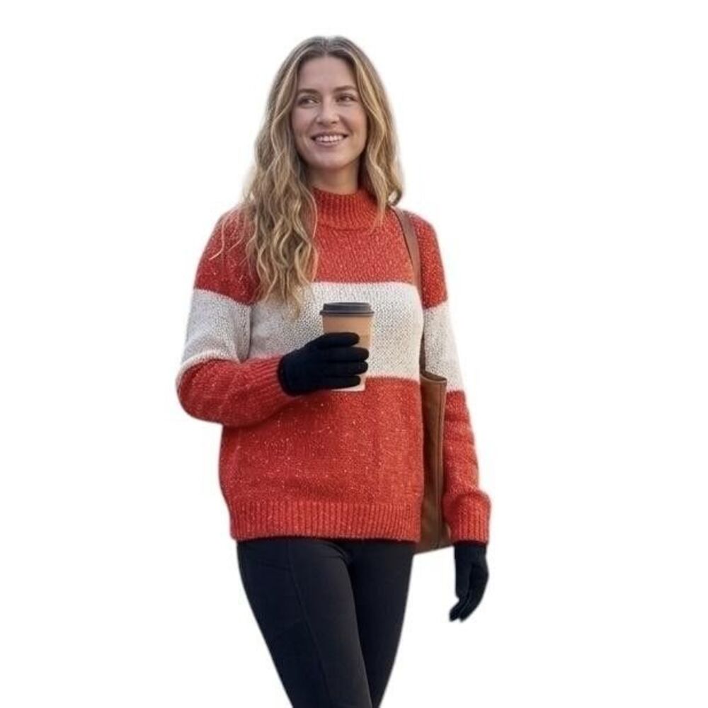Aerie Sweater Wome's Small Coral White Striped Mock Neck Chunky Knit Pullover